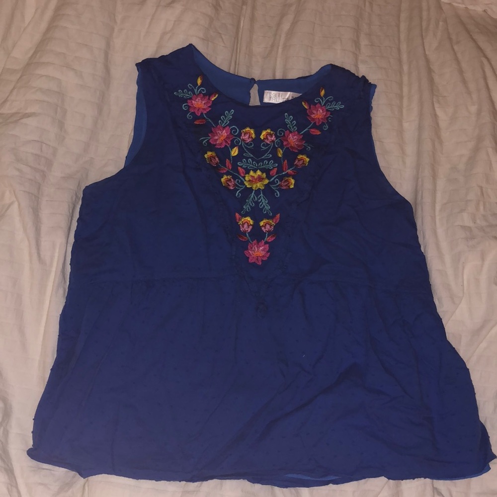 Blue Floral Embroidered Sleeveless Blouse